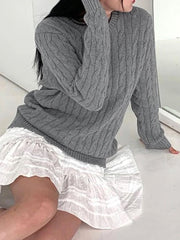 LIZAKOSHT - Vintage Gray Fried Dough Twists Round Neck Sweater Women's Basic Versatile Grey Long Sleeve Knitted Top