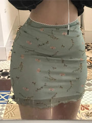 LIZAKOSHT - Print Mesh High Waist Mini Skirt Ladies Kawaii skirt premium pastel Lace-up sweet Y2k Harajuku Kawaii Sexy Pencil Skirt