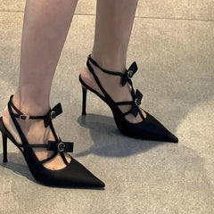 LIZAKOSHT - Sexy Satin Pointed Toe High Heels Women Stripper Party Bridal Shoes Pumps Stiletto Heel Woman Bow Luxury Designer Sandals Female