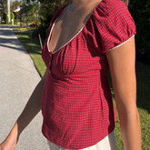 LIZAKOSHT - Womens Y2k Short Sleeve Crop Tops Lace Trim Vintage Fairy Grunge Plaid Print T-Shirt Aesthetic Harajuku 2000s Streetwear