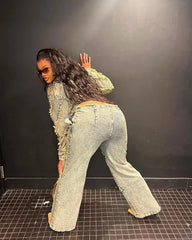 LIZAKOSHT - Vintage Tassel Hand Frayed Denim Two Piece Set Casual Turn-down Collar Jackets Crop Top + Pants Slim Streetwear Outfits Suits