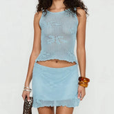 LIZAKOSHT - Vintage Knitted Outfits 2 Piece Set Sleeveless Hollow Out Tank Tops Vest + Pencil Skirt Floral Crochet Matching Suit