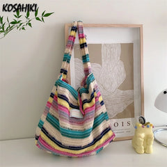 LIZAKOSHT - High-capacity Fashion Contrast Color Striped Tote Bags Y2k Casual Knitted Underarm Bag Rainbow Women Sweet Ins Shoulder Handbags