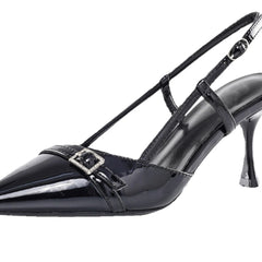LIZAKOSHT - pointed toe japanned leather women sandals metal buckle slingback high heels summer shoes woman cutout sandalias de tacón