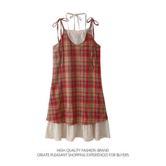 LIZAKOSHT  -  Original Pastoral Style Vintage Dress Embroidery Lace Splice Lace Up Fake 2pcs Slip Skirt Women Dress Plaid Long Spliced Robe