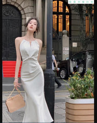 LIZAKOSHT - Sexy Sleeveless Satin Mermaid Long Dresses for Women New Summer French Elegant Fashion Slim Solid Tank Evening Party Robe