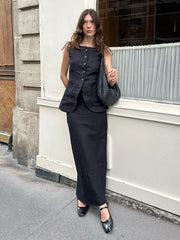 LIZAKOSHT  -  Women's Sleeveless Vest High Waisted Skirt 2-Piece Set Spring Summer New Linen Casual Suit Fashion Office Lady Vest Set