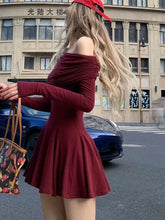 LIZAKOSHT - Sexy Slash Neck Short Dresses for Women Long Sleeves Slim Ruffles A-line Evening Party Dress Korean Chic Mini Vestidos Mujer New