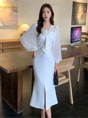 LIZAKOSHT  -  Elegant Princess Solid Mermaid Dress for Women Long Sleeve Floral V-neck High Waist Split Vestidos Vintage French Party Clothing