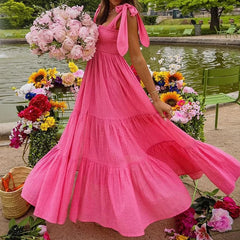LIZAKOSHT - Female Bow Strapless Slit Loose A-line Dress Elegant Women Solid One Shoulder Beach Dress Holiday Sweet Swing Big Hem Dress