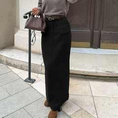 LIZAKOSHT - 2026 Fashion Black Pockets Women's Skirt Elegant High Waisted Straight Skirts Casual Solid Ankle-Length Skirts Female Clothing