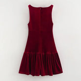 LIZAKOSHT  -  Women Christmas Red A-line Mini Dress Winter New Women Fashion Simple Sleeveless Slim Velvet Bow Short Dress Vestidos