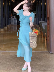 LIZAKOSHT - Summer Square Collar Elegant Ruffles Women's Bodycon Dress Vintage Simple Holiday Party Dress Fashion Office Lady Vestidos