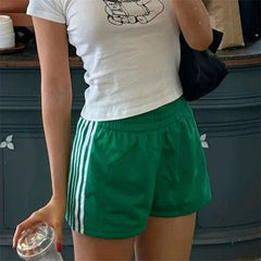 LIZAKOSHT - Striped Shorts y2k Clothes Women Casual Elastic Low Waist Loose Hot Pants with Pockets Summer 2000s Clothing Streetwear