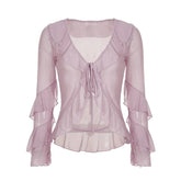 LIZAKOSHT - Fairy Temperament Ruffle V Neck Long Sleeve Mesh Thin Shirts Y2k Summer Elegant Simple Lace Up Cardigan Harajuku Punk Street Top