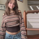 LIZAKOSHT - Women's Striped Off-Shoulder Cropped Knit Sweater Full Sleeve Waist Cinching Top 2026 Spring Autumn Female Daily Casual Outings