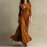 LIZAKOSHT - Spring Fall Casual Women Suit Collar Velvet Long Dress New Slim Elegant Office Lady Fashion Solid Velour Dresses