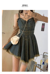 LIZAKOSHT - Pure Desire Style Belted Denim Mini Dress Women Vintage Irregular Tassel Spaghetti Strap Denim Dress Streetwear A-Line Tunic Ves