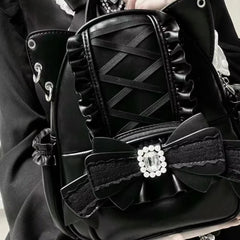 LIZAKOSHT - Korean Fashion Y2k Punk Backpack Lace Bow Cat Ear Lotus Lace Decoration Lolita Backbag PU Leather Large Capacity Women Backpack