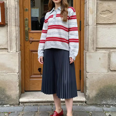 LIZAKOSHT  -  Fashion Knitted Striped Sweater Women 2025 New Autumn Vintage Loose Turndown Collar Pullover Casual Buttons Up Elegant Knitwear