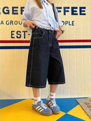 LIZAKOSHT - Denim Shorts Women High Waisted Harajuku Vintage Baggy Do Old Belt Straight Wide Leg Jeans Y2k Causal Half Pants Summer