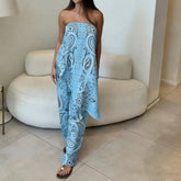 LIZAKOSHT - Summer Hawaii Casual Vacation Two Piece Sets Elegant Women Simple Set Fashion Tube Top Pattern Printed Irregular Tops&Pants Sets