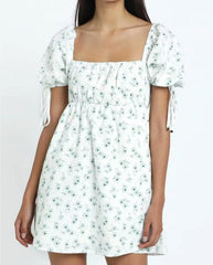 LIZAKOSHT - Women Robe Retro France Style Ruched Elastic Square Collar Bow Puff Sleeve Flower Print Mini Dress Lacing up Slim Waist A line