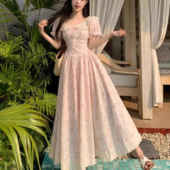 LIZAKOSHT - Sweet Print Floral Women Dresses Puff Sleeve Beach Style Elegant Long Dress Korean Fashion Vintage Vestidos Mujer
