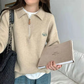 LIZAKOSHT - Sweaters Half Zipper POLO Neck Women Girls Vintage Preppy Sweatshirt Jumper Gray Khaki Loose Long Sleeve Pullover Korean Fashion