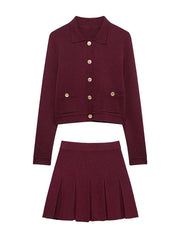 LIZAKOSHT  -  Gold Single Breasted Sweater Knitted Shirt Top Short Skirt Set Women Lapel Double Pockets Knitwear Slim Fit Coat Pleated Skirts