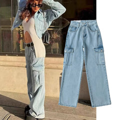 LIZAKOSHT - Retro Washed Workwear High Wasit Straight Casual Jeans Women Boyfriend Mom Pockets Cargo Denim Pants Jeans
