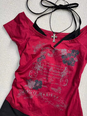 LIZAKOSHT - American Retro Red Fake Two-piece Letter Print Halter Neck T-shirt Women Fashion Street Hotties Harajuku Millennium Y2K Top