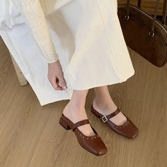 LIZAKOSHT - British Style Mule Slippers Women Flat Heel Shoes Brand Rivet Slide Casual Loafer Casual Flip Flops Female Outdoor Slipper Muje