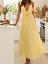 LIZAKOSHT - Retro Women Evening Party Long Dress Solid Color Sleeveless Deep V-Neck Front Tie-up Dress Formal Female Vestido