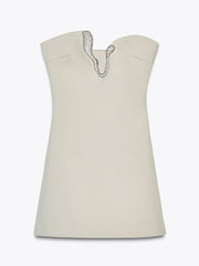 LIZAKOSHT - Sexy Rhinestone Strapless Short Dress Women Elegant V-neck Sleeveless Backless Female Party Dresses 2025 Summer Lady Slim Gowns