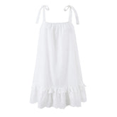 LIZAKOSHT - Bohemian White Embroidery Flower Tide Bow Spaghetti Strap Dress Woman Wood ears Ruffles Hem Swing Loose Swing Mini Dresses Robe
