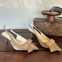 LIZAKOSHT - Bowknot Pointed Toe Thin Heel Women Sandals Elegant Satin Designer Heels Sexy Prom Backless Dress Shoes Zapatos De Mujer