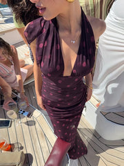 LIZAKOSHT - Polka Dot Print 2-Piece Set Hakter Bandage Backless v-Neck Vest+Folds Elastic Waist Skirt Vacation Elegant Suits