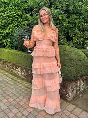 LIZAKOSHT - Cascading Ruffle Slip Women's Dress V-neck Sleeveless Hollow Out Waist Cinching Evening Party Dresses 2025 Summer Elegant Robe