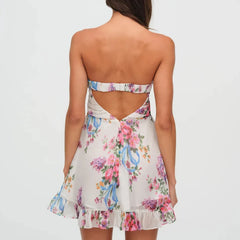 LIZAKOSHT - One Shoulder Mini Ruffles Dress Elegant Summer Floral Print Tie-up Party Dress Simple Women Backless Beach Dress New Sweet