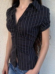 LIZAKOSHT - Streetwear Stripe Blouse Women Turndown Collar Tunic Y2k Aesthetic Crop Tops Harajuku Pleated Grunge Sexy Shirts Blouses