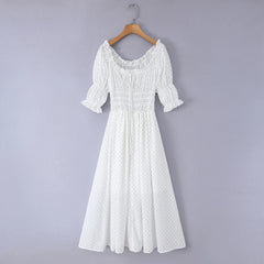 LIZAKOSHT - Dot Print Wood ears Ruched Chest Bow U collar Puff Sleeve Dress Elastic High Waist Pleated Swing Midi Dresses Holiday Robe