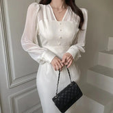 LIZAKOSHT  -  Elegant Square Collar Mesh Puff Sleeve Dresses Slim Waist Bodycon Fishtail Dress for Women Spring Autumn New Vestidos De Mujer