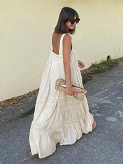 LIZAKOSHT  -  Elegant Lace Patchwork Sling Long Dress Women Chic Square Collar Sleeveless Backless Maxi Dresses Summer New Lady Beach Robe