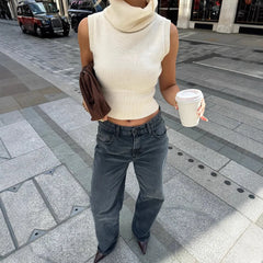LIZAKOSHT - White Turtleneck Knitted Top Sleeveless Vest Sweater Women Elegant Bodycon Tops Vests Sweaters Blue Pullovers Hipster Street New
