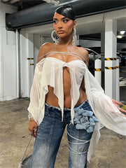 LIZAKOSHT - Summer White Sexy See Through Chiffon Tops Concert Party For Woman 2024 Long Sleeve Off Shoulder Irregular Chic Crop Top