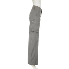 LIZAKOSHT - Chic Gray Cargo jeans Y2k Streetwear Casual Loose Denim Pants For Women Aesthetic 90s Low Waist Straight-leg Trousers