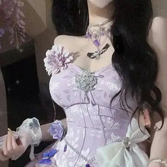 LIZAKOSHT - Japan Girl Cute High-End Dress With Skirt Clothes Flower Decoration Violet Romantic Dress New