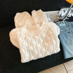 LIZAKOSHT - Women's All-match Retro Pullover Elegant Tops Winter New Knitwear Short Sweater Casual Hollow Out Knitting Sweater Pullover