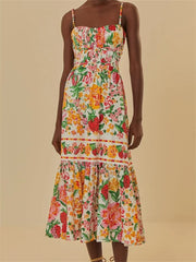 LIZAKOSHT - Vintage Floral Print Long Maxi Dress for Women Sleeveless Strap Ruched Buttons Up High Waist Beach Dress Vestido